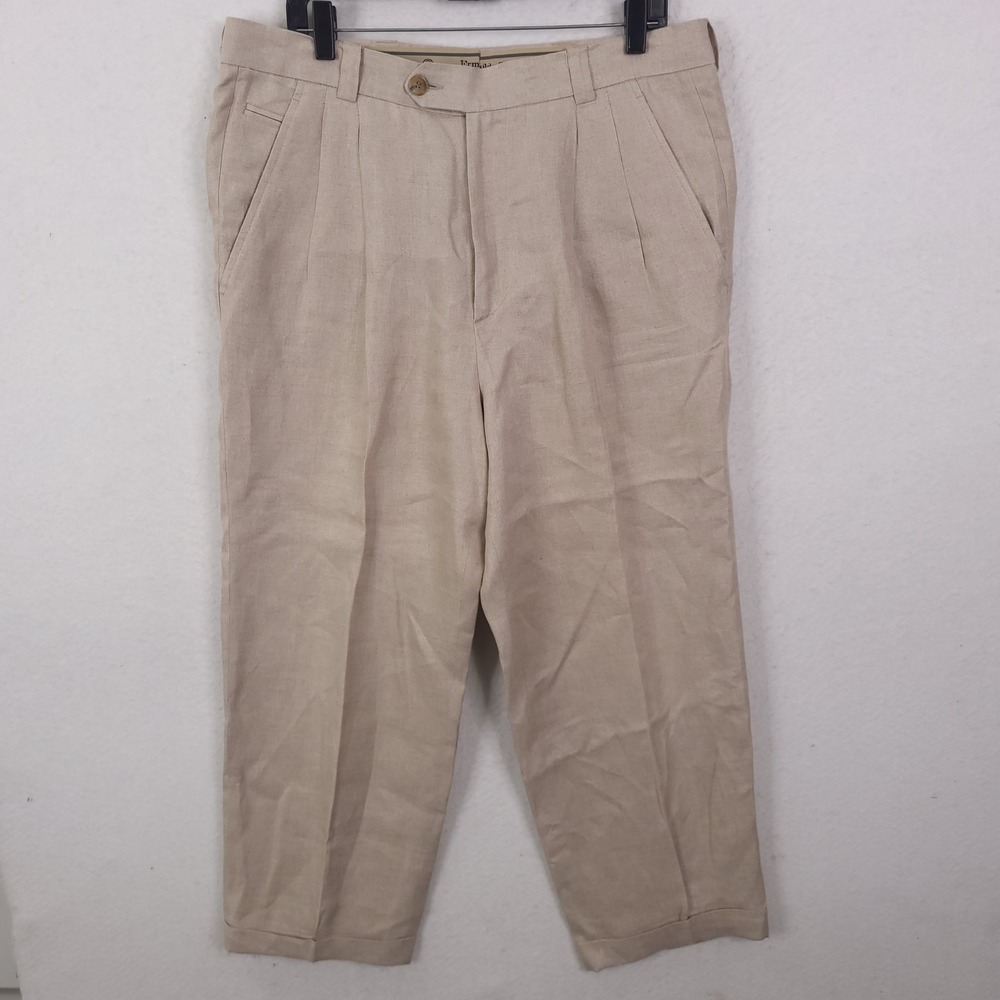 Ermenegildo Zegna Linen Trousers Mens 50 Beige Pleated Cuffed Italian Luxury